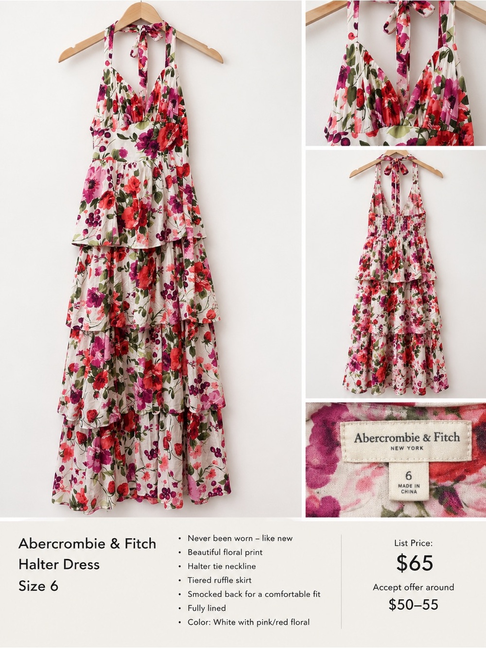 Abercrombie & Fitch White Floral Halter Maxi Dress - Pink, Red, Green